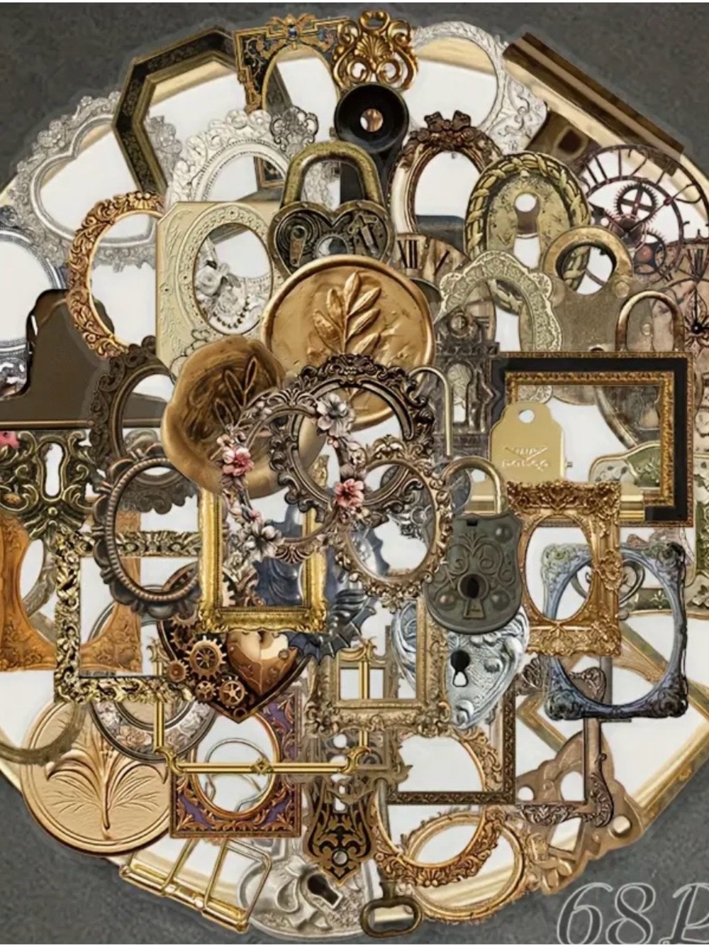 68 Steampunk Style Stickers Gold Bronze Silver Frames Keys Clocks Gears Heart